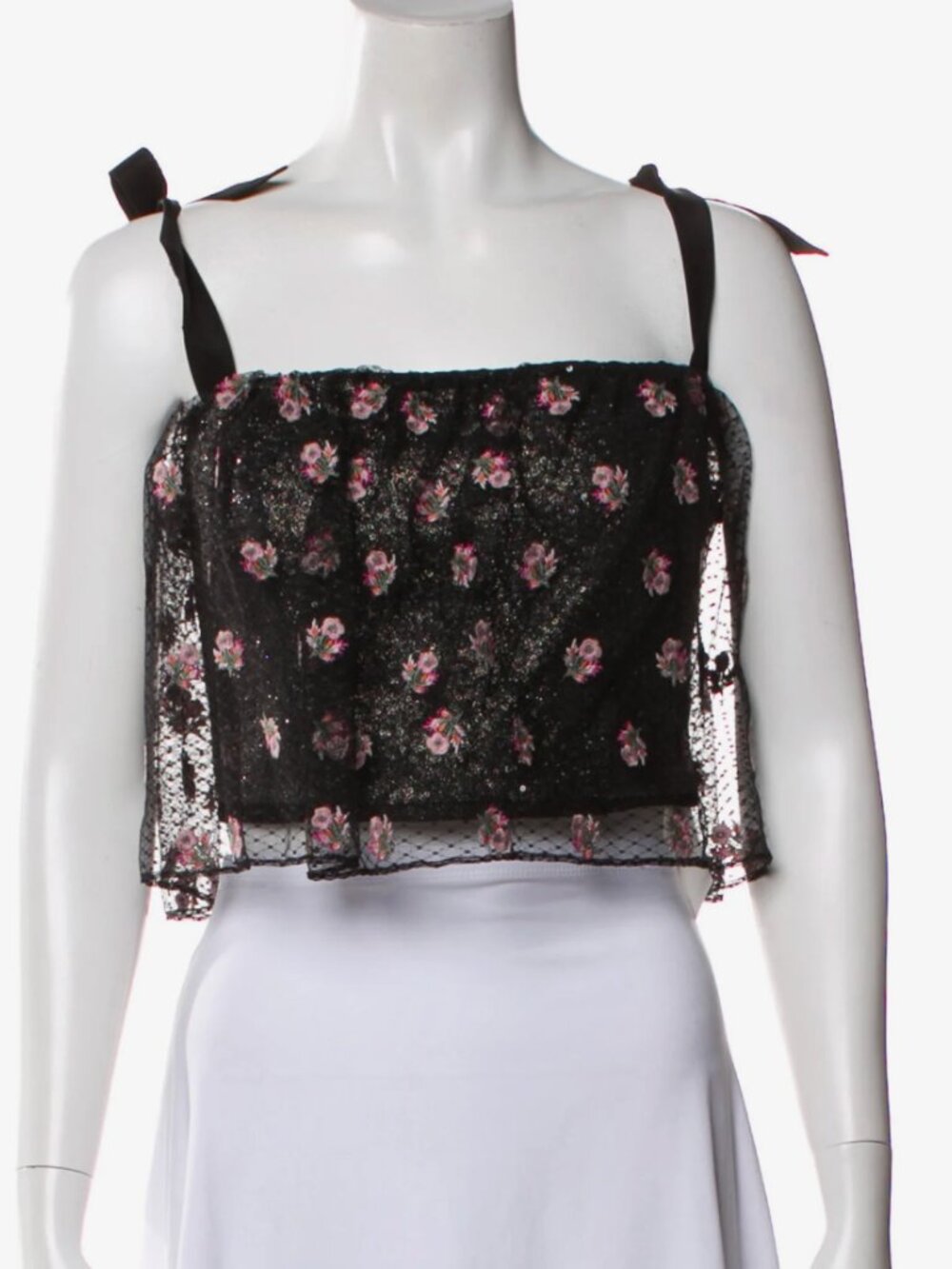 SALONI Black Mesh Crop Top with Pink Floral Embroidery